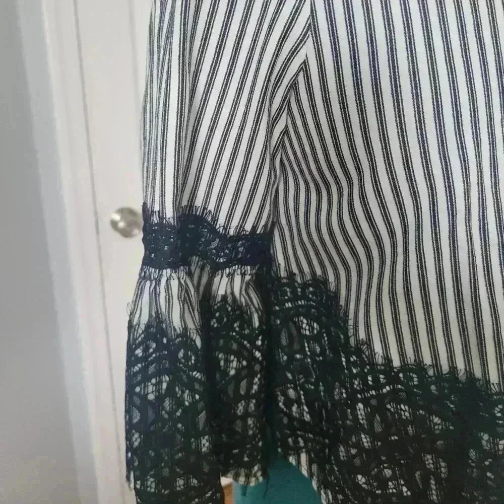 EUC Zara XS Lace Bell Sleeve Striped Tie Back Blouse